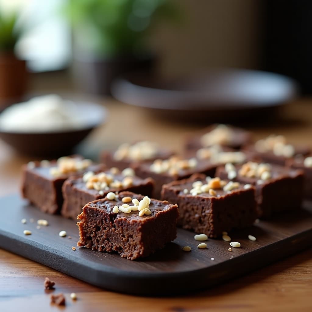 Barritas de proteína de guisantes y chocolate 100% cortadas en porciones rectangulares, con semillas de girasol visibles, sobre un fondo de papel de horno. Snack vegano para post-entreno.