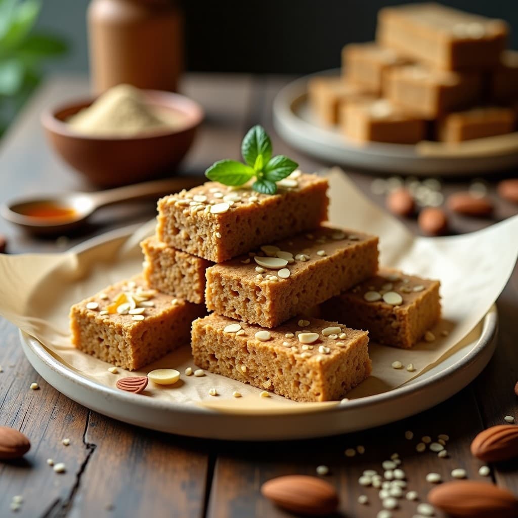 Barritas de proteína de cáñamo sativo y almendras cortadas en porciones rectangulares, con textura compacta y almendras fileteadas visibles en la superficie, sobre un fondo de madera rústica con semillas de lino esparcidas.