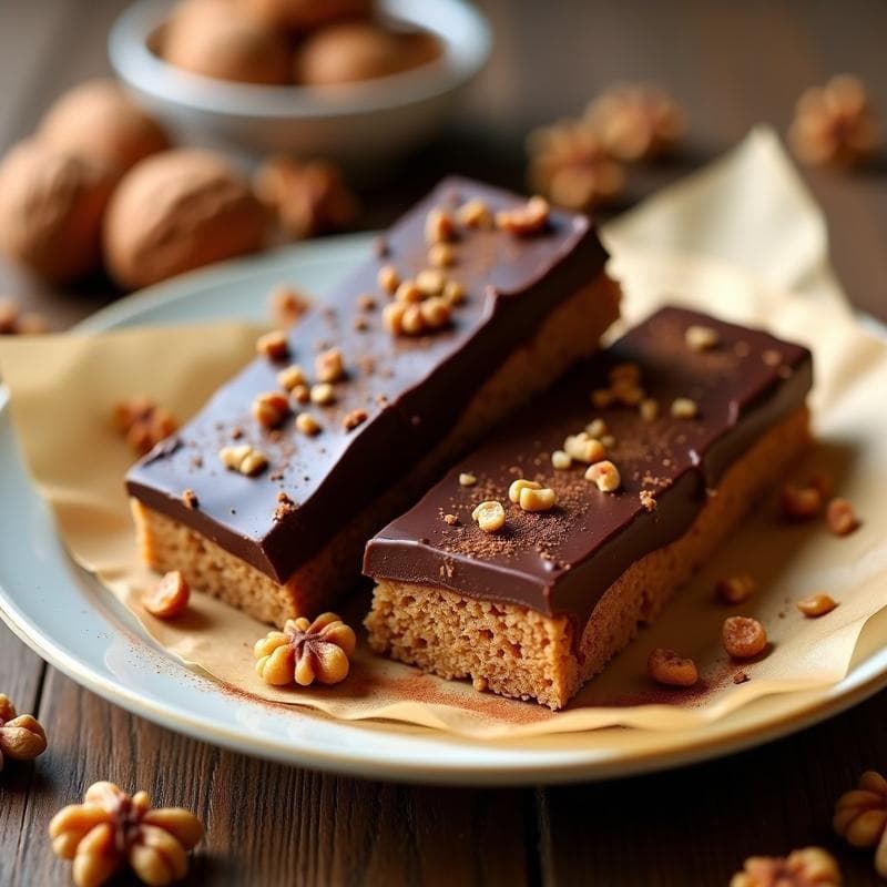 Barritas de proteína de canela y nueces con cobertura de chocolate negro 85%, cortadas en porciones rectangulares y apiladas sobre un plato blanco rústico. Se aprecian trocitos de nueces y un espolvoreado de canela en la superficie brillante del chocolate. Fondo borroso con ingredientes como nueces enteras y una tableta de chocolate.