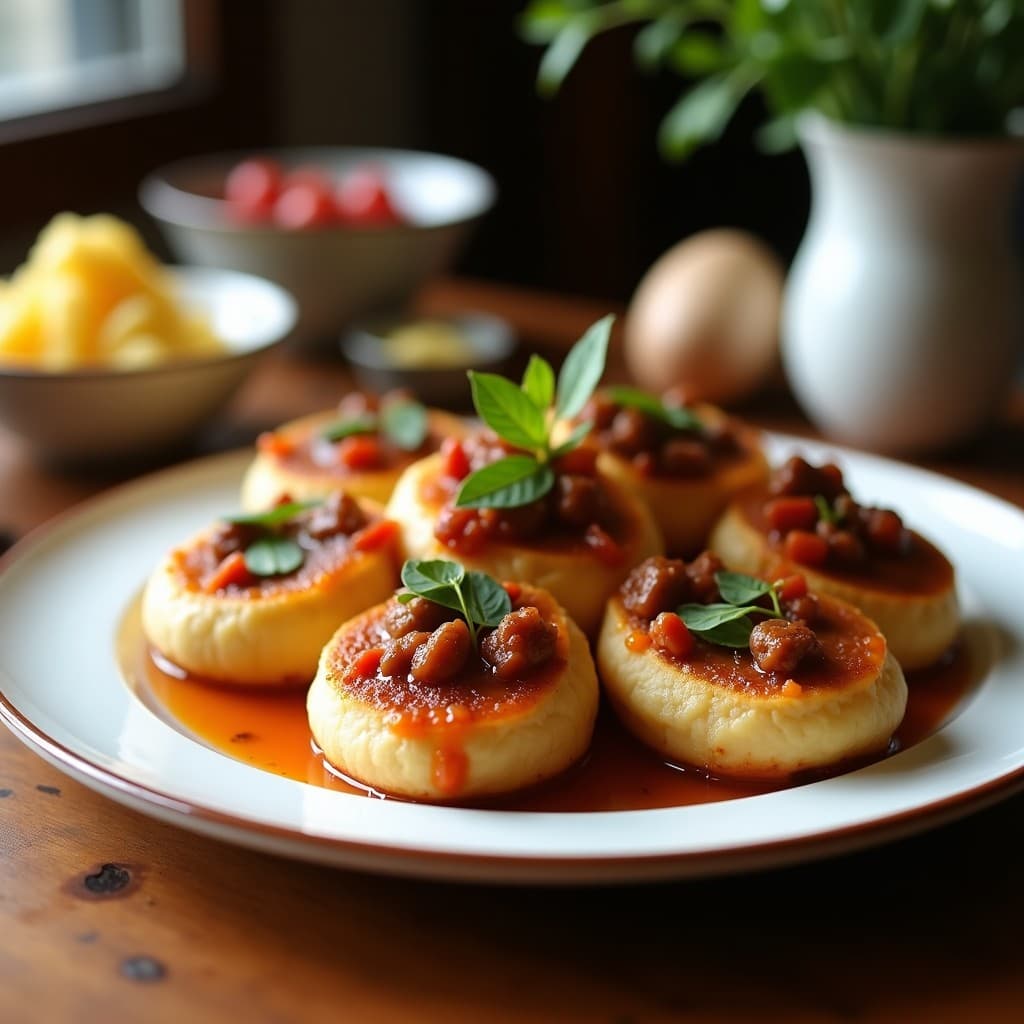 Barritas rectangulares doradas de proteína con trozos visibles de carne secada y semillas de amaranto infladas, espolvoreadas con sésamo. Presentadas sobre una tabla de madera rústica con fondo de tela de lino y hojas de hierbabuena. Snack peruano alto en hierro.