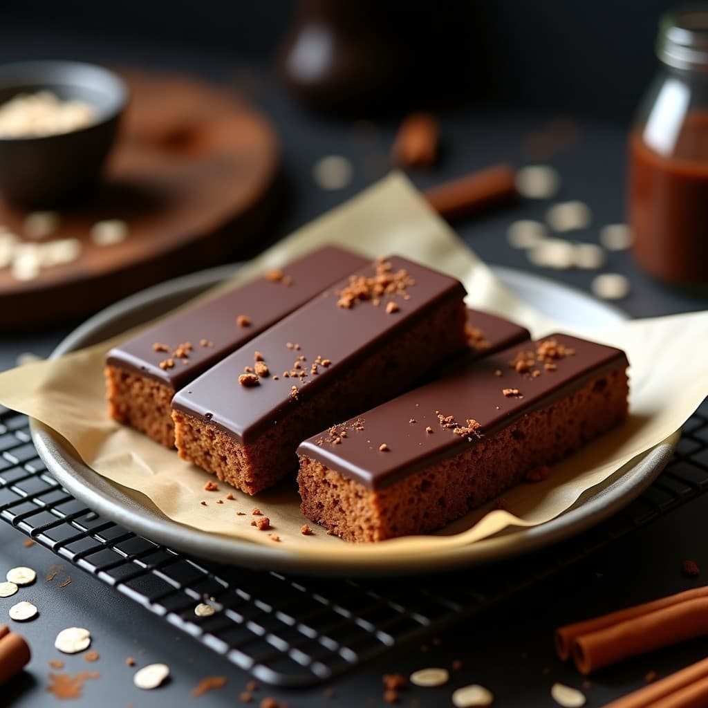 Barritas rectangulares de proteína de grillos con cobertura de chocolate negro 90%, decoradas con semillas de chía y coco rallado, servidas sobre un plato de madera rústica con fondo oscuro.
