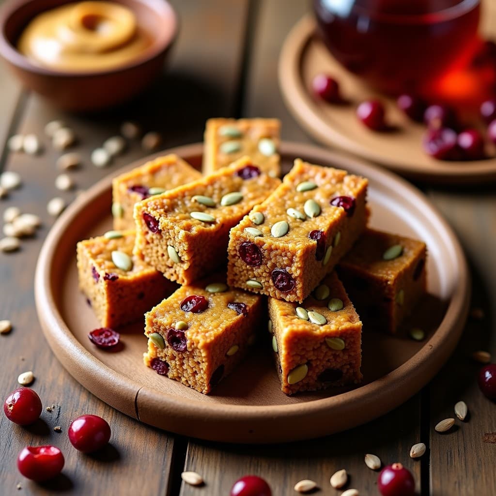Barritas de proteína de pipas de calabaza y arándanos deshidratados dispuestas en línea sobre papel de horno, con textura crujiente y trozos visibles de pipas y arándanos. Snack fitness sin horno y alto en proteína.