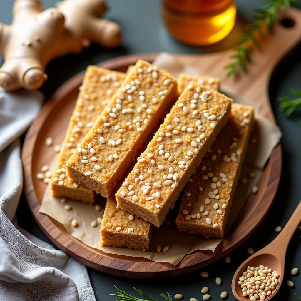 Barritas de proteína de semillas de cálamo y miel cortadas en rectángulos, con textura compacta y dorada, dispuestas sobre un plato de madera rústico con semillas de chía y lino esparcidas alrededor. Receta energética y antiinflamatoria.