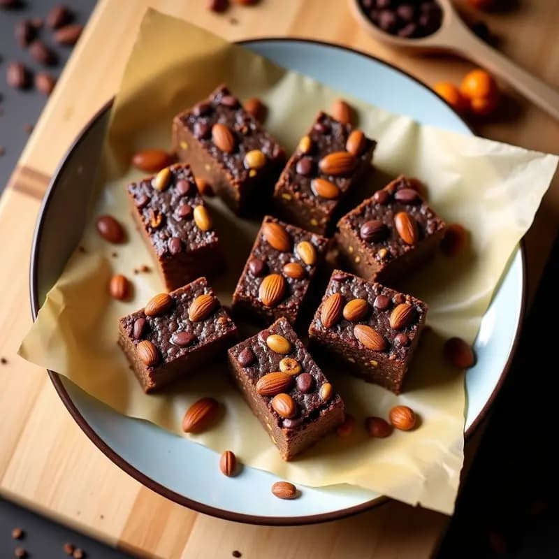 Barritas rectangulares de color marrón oscuro con trocitos de almendra, hechas con semillas de calabaza, cacao y endulzante de yacón, dispuestas sobre un papel de horno rústico con semillas esparcidas alrededor.