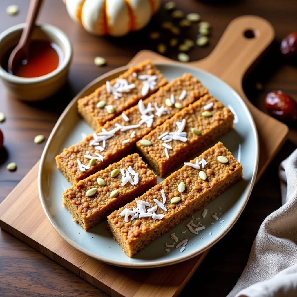 Barritas energéticas veganas sin azúcar de semillas de calabaza y sírope de arce, cortadas en porciones rectangulares, con textura crujiente y coco rallado por encima, sobre un fondo rústico de madera.