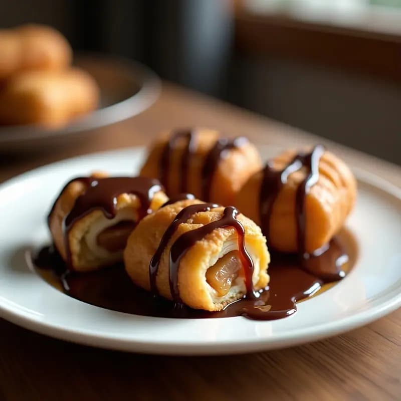 Plato blanco con barritas de Snickers fritas doradas y crujientes, bañadas en salsa de chocolate brillante y sirope de caramelo espeso, con un fondo difuminado de cocina. Receta de barritas Snickers fritas con chocolate y caramelo.