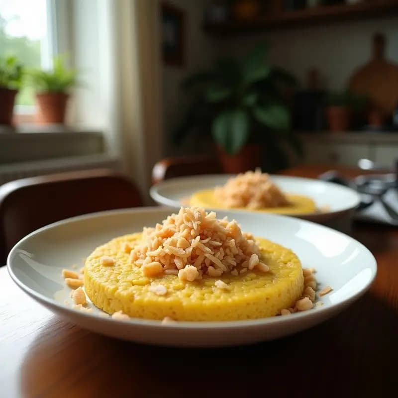 Basbousa egipcia con coco y jarabe de azahar servida en porciones cuadradas, dorada y húmeda, con pistachos picados y coco rallado tostado como decoración, sobre un plato blanco rústico.