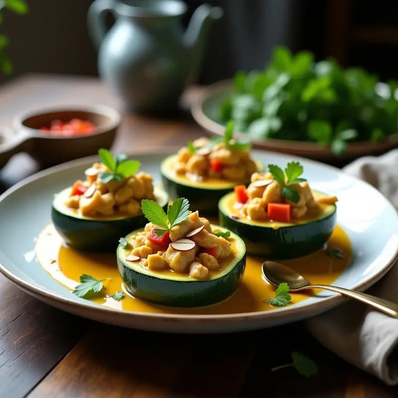 Basket de calabacín verde relleno de pollo al curry tailandés, cocinado en olla lenta, con leche de coco y almendras fileteadas, decorado con cilantro fresco y hojas de limón kaffir sobre un plato de cerámica blanca.