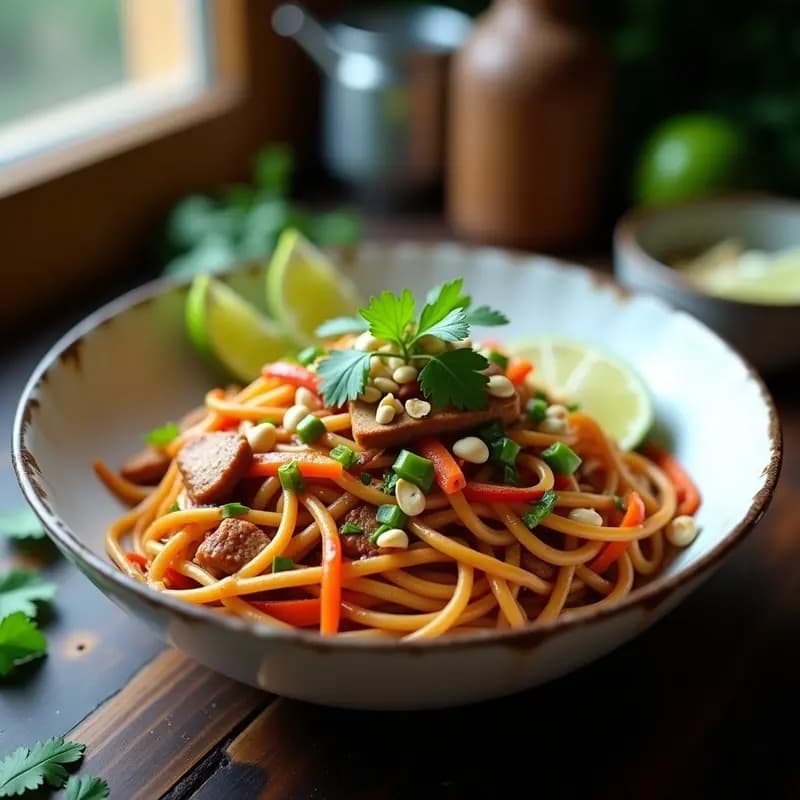 Plato de Bat Mi Gaul tailandés: fideos de arroz planos salteados en wok con tiras de cerdo jugoso, zanahoria juliana, pimiento verde, cebolla morada y brotes de soja, bañados en un glaseado brillante de tamarindo. Decorado con cacahuetes tostados picados, cilantro fresco y gajos de limón. Fondos borrosos que resaltan la textura y el color vibrante del plato.