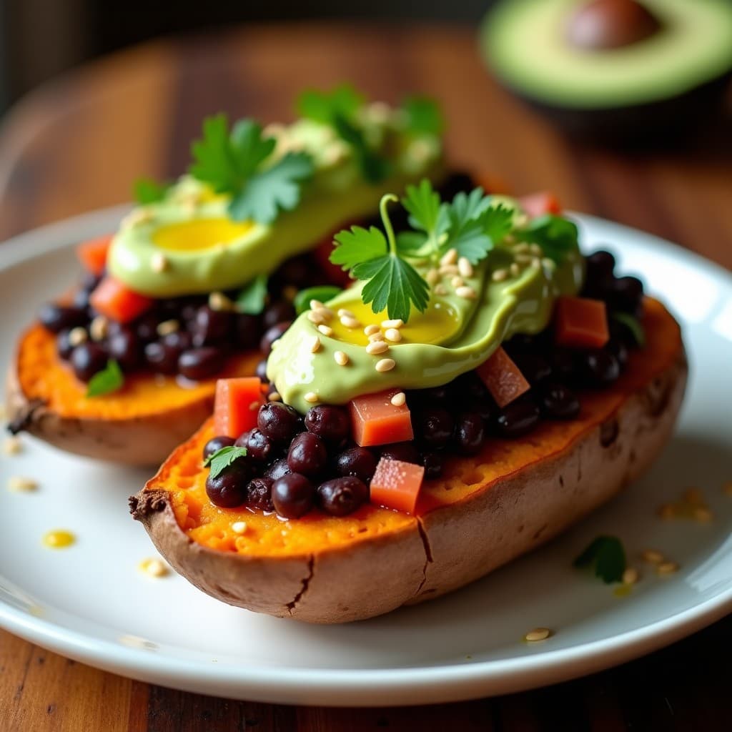 Batata amarilla asada cortada por la mitad, rellena de una mezcla de frijoles negros especiados con comino y pimentón, coronada con aguacate cremoso, semillas de sésamo y cilantro fresco. Plato vegano en Airfryer con toque latino, servido en un plato de cerámica blanca sobre fondo de madera rústica.