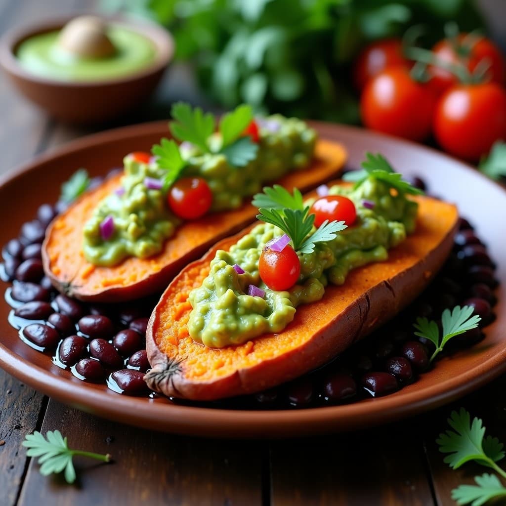 Batata asada en Airfryer abierta por la mitad, rellena de guacamole cremoso, frijoles negros especiados y hojas de lechuga morada, decorada con semillas de sésamo y cilantro fresco sobre un plato rústico de barro.