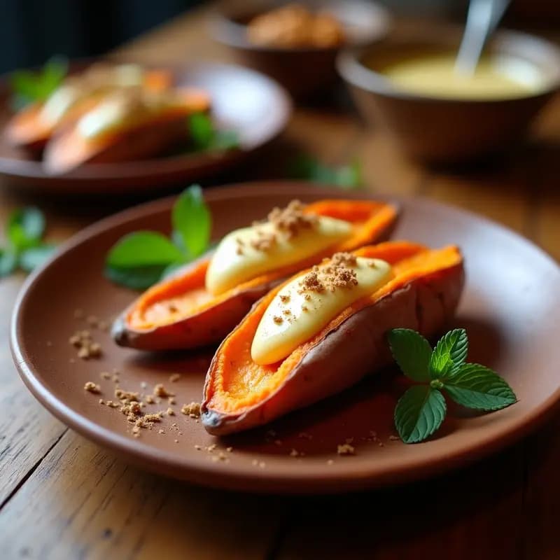Batata asada al horno abierta por la mitad, rellena de mantequilla de anacardos cremosa y coronada con un hilo de miel de agave, espolvoreada con canela. Plato rústico de barro sobre fondo de madera con hojas de menta fresca.