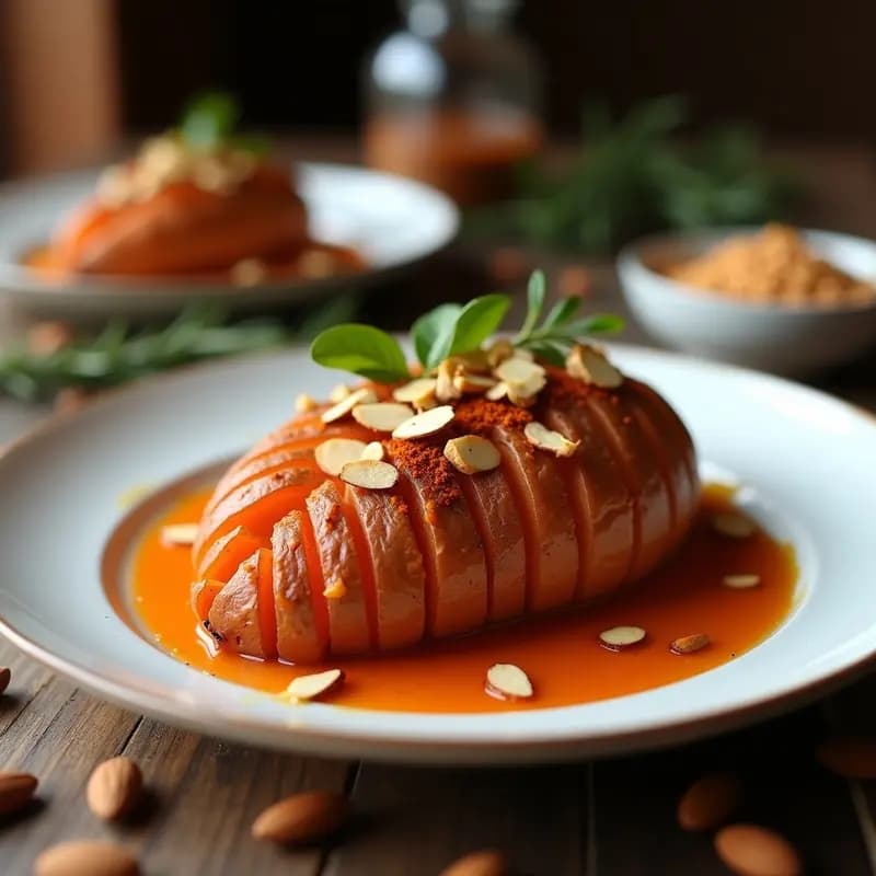 Batata Hasselback dorada y crujiente cortada en abanico, servida en plato de cerámica blanca con romesco de almendras cremoso y almendras fileteadas por encima. Acompañamiento español gourmet con fondo rústico de madera.