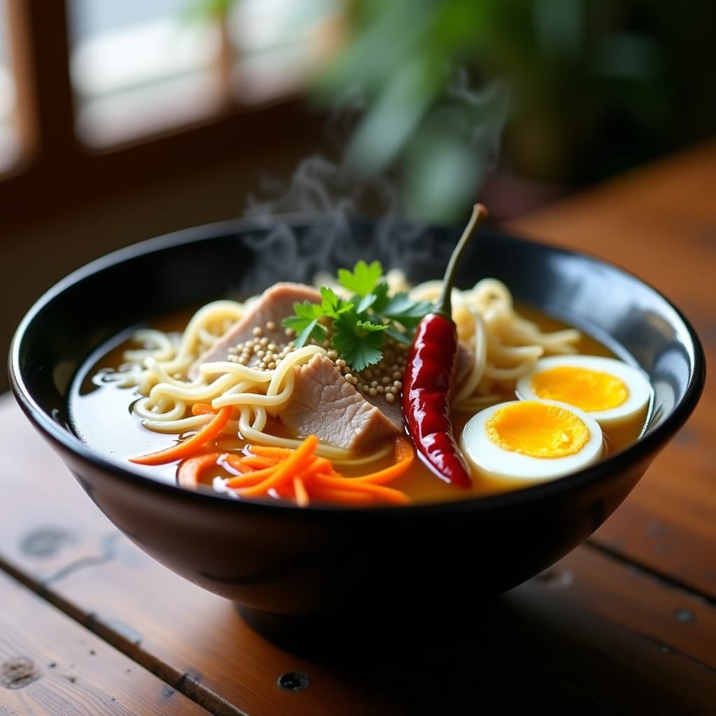 Cuenco hondo de cerámica negra con batchoy filipino: fideos de arroz gruesos bañados en caldo dorado de cerdo, tiras de lomo, zanahoria en juliana, huevos marinados cortados por la mitad con yema cremosa, decorado con cilantro fresco, semillas de sésamo y chile rojo. Plato tradicional filipino en Thermomix.