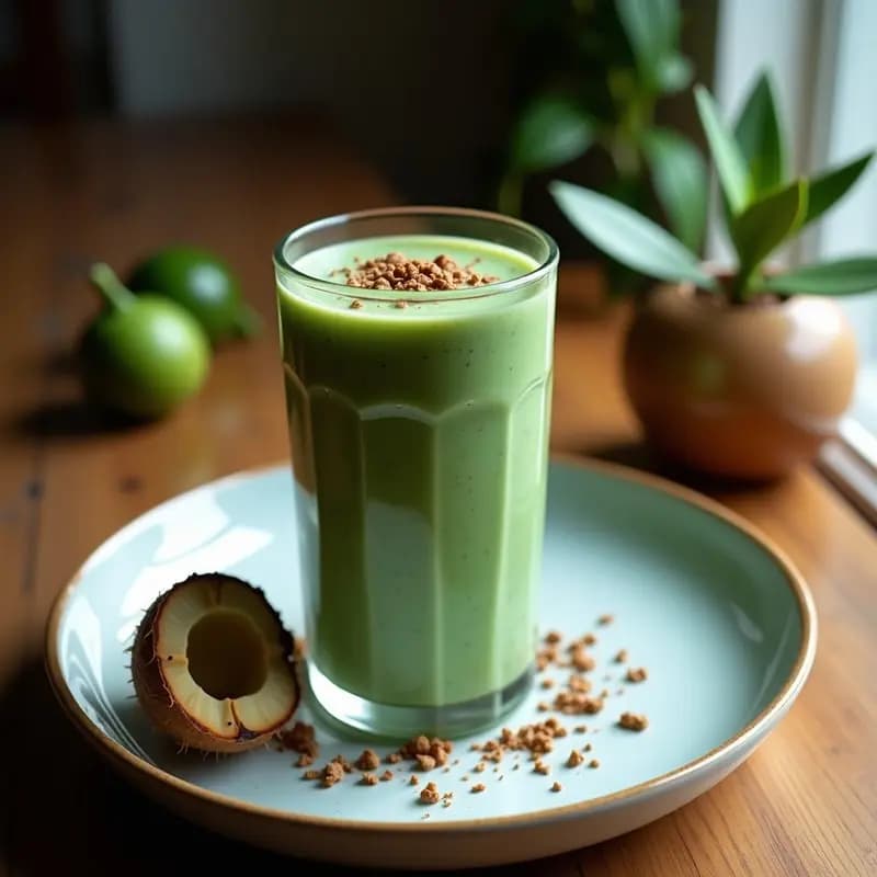 Vaso alto transparente con batido de açaí y espirulina con leche de coco, de color morado oscuro con toques verdes, decorado con semillas de cáñamo y coco rallado, sobre un fondo de madera rústica con hojas de palma.