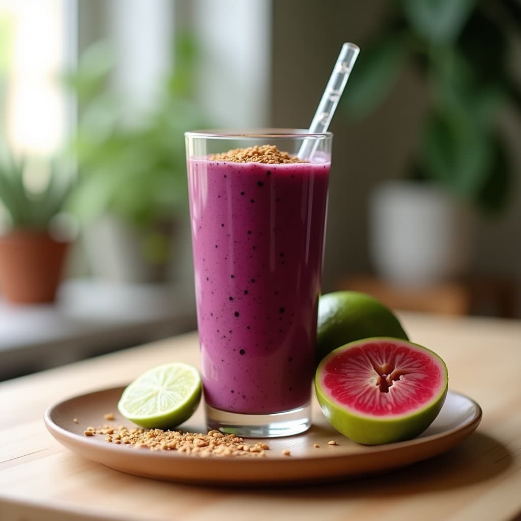 Vaso alto transparente con batido de açaí y guayaba de color morado intenso, coronado con semillas de lino dorado y una pizca de canela, acompañado de una rodaja de limón y guayaba fresca al lado, sobre un fondo de madera clara.