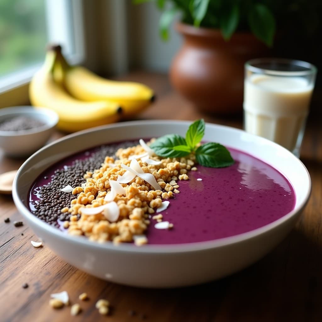 Batido morado espeso de açaí y leche de cáñamo en un bol de cerámica blanca, coronado con granola dorada de quinoa, frambuesas frescas y hojas de menta. Textura cremosa con toques crujientes, servido con una cuchara de madera sobre una mesa rústica de madera clara.
