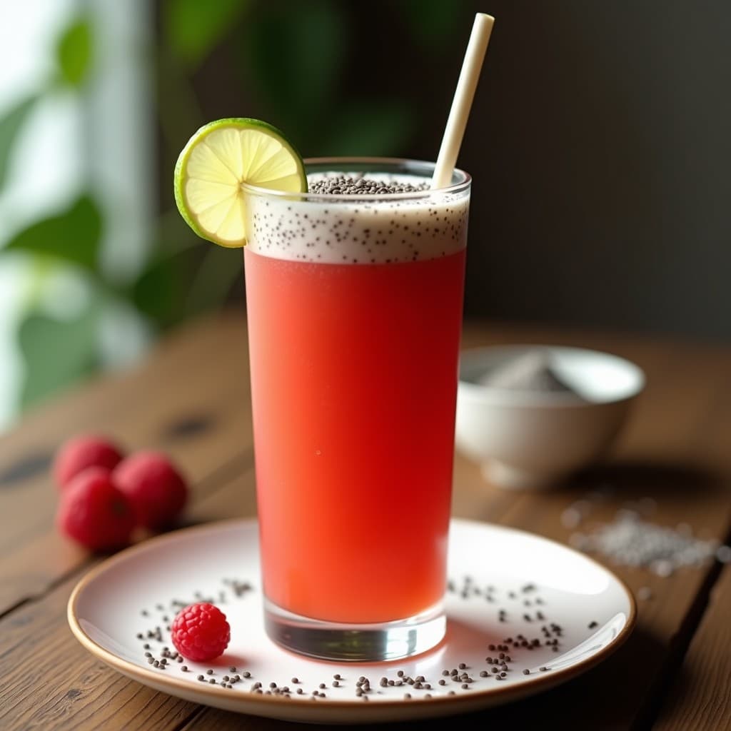 Vaso alto transparente con batido de acerola y guaraná con semillas de chía, de color rojo intenso y textura cremosa, decorado con semillas de chía y una rodaja de limón sobre fondo de madera rústica. Bebida brasileña energética y detox.