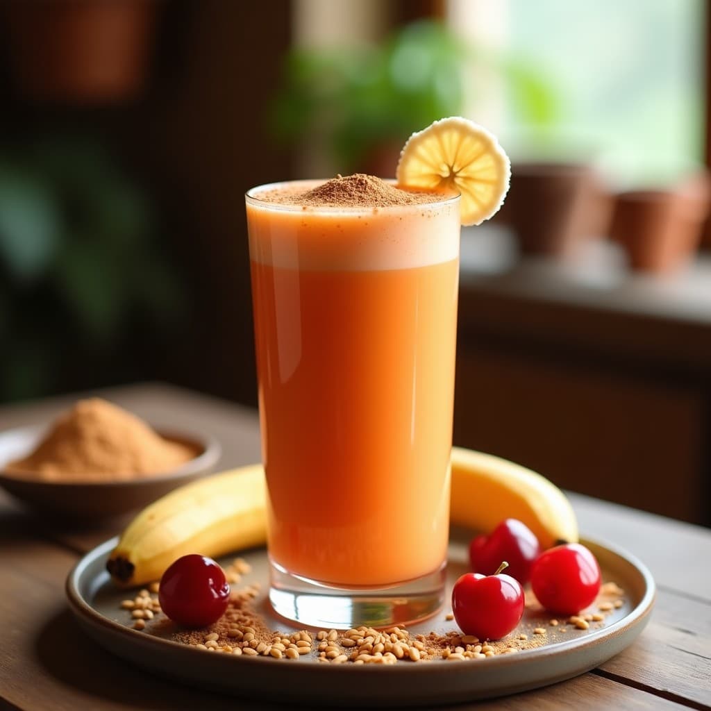 Vaso alto transparente con batido de acerola y guaraná con leche de almendras, de color naranja cremoso, decorado con canela en polvo y una rodaja de plátano deshidratado. Fondo de madera rústica con hojas de acerola y semillas de lino esparcidas.