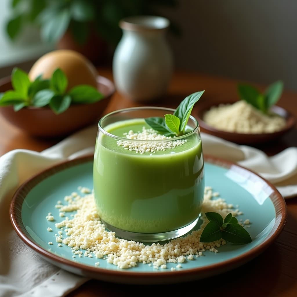 Vaso alto transparente con batido verde azulado de Al дра Institute y espirulina con leche de coco, decorado con semillas de chía y una rodaja de limón, sobre fondo de madera rústica con ingredientes dispersos.