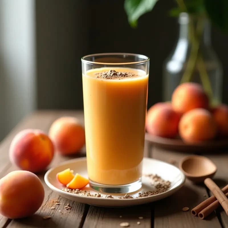 Vaso alto de cristal con batido cremoso de albaricoque y avena, espolvoreado con semillas de chía y canela, sobre una mesa de madera rústica con albaricoques frescos y una cuchara de madera al lado.