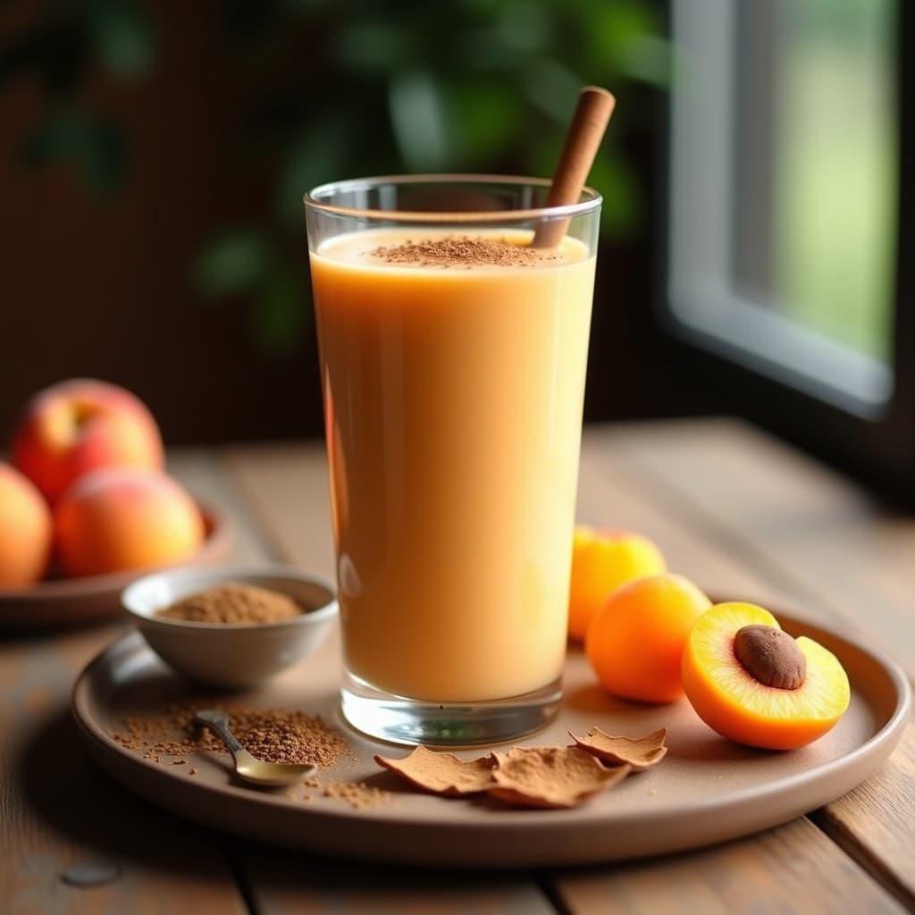 Vaso alto transparente con batido cremoso de color naranja claro, decorado con una pizca de canela y semillas de chía. Al fondo, albaricoques frescos y un tarro de maca en polvo sobre una mesa de madera rústica.