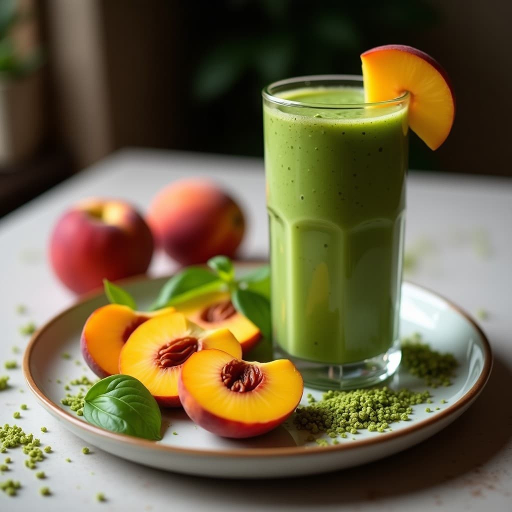 Vaso alto transparente con batido verde esmeralda de algas chlorella y melocotón, coronado con semillas de chía y una rodaja de melocotón fresco. Fondo minimalista con hojas verdes y luz natural, resaltando la textura cremosa y el color vibrante de la bebida depurativa y energizante sin azúcar.