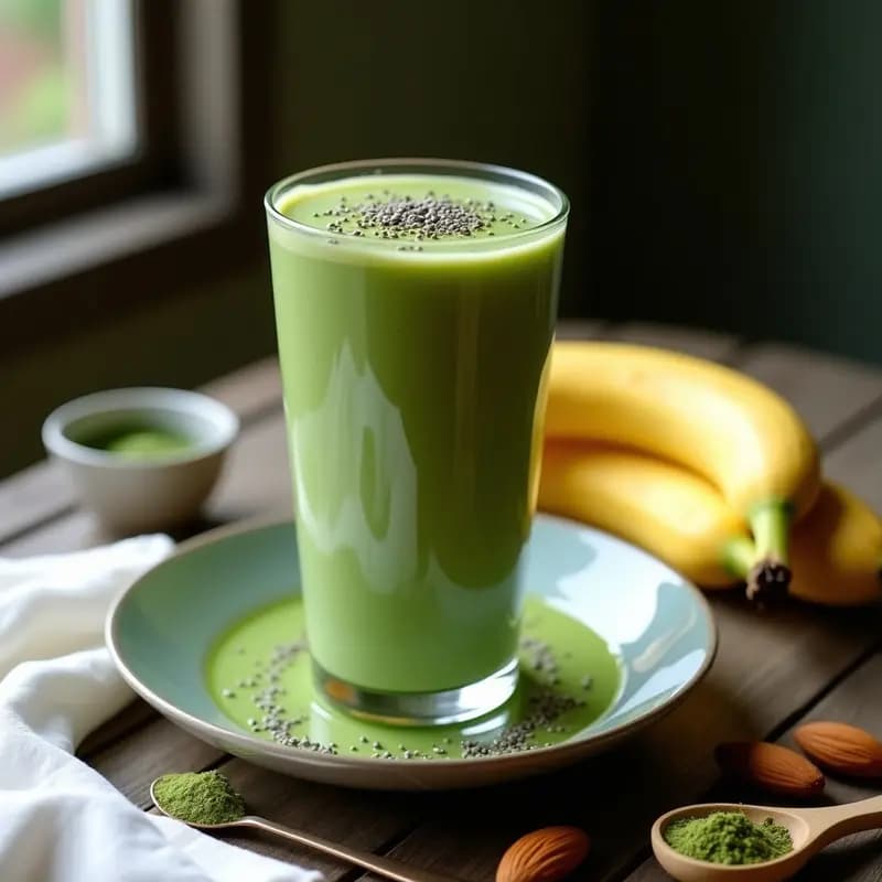 Vaso alto transparente con batido de almendra y espirulina con plátano congelado, textura cremosa y color verde oscuro, decorado con semillas de chía y espirulina en polvo por encima, sobre fondo de madera rústica con ingredientes dispersos como plátano, almendras y una cucharita de espirulina.