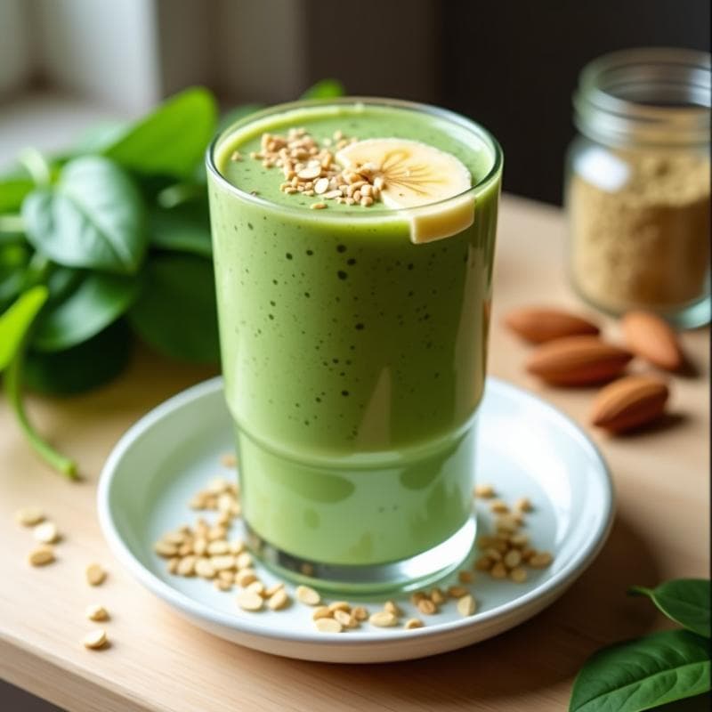 Vaso alto transparente con batido verde cremoso de almendras, espinacas y cardamomo, decorado con semillas de cardamomo y almendras fileteadas, sobre fondo de madera rústica con hojas de espinacas frescas alrededor.