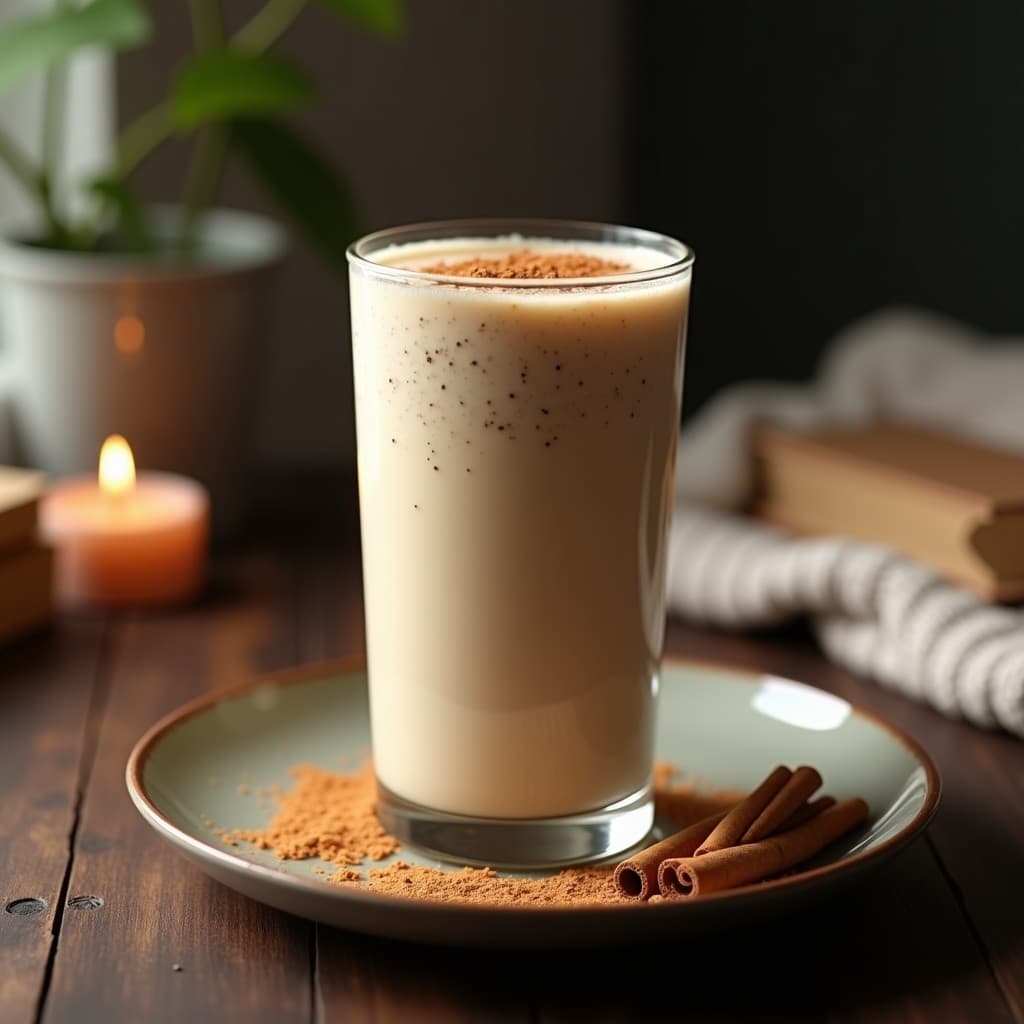 Vaso alto transparente con batido de avena nocturna con canela, textura cremosa y espuma suave, decorado con una pizca de canela en polvo y semillas de chía por encima. Fondo oscuro con velas y un libro, ambiente relajante para dormir.