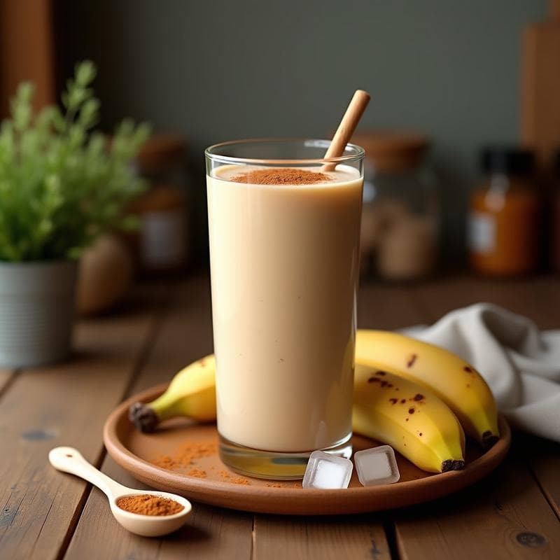 Vaso alto de cristal con batido de baba de caracol y plátano, espolvoreado con canela en polvo, sobre una mesa rústica de madera con plátanos y una cuchara de madera al lado. Bebida colombiana energética.