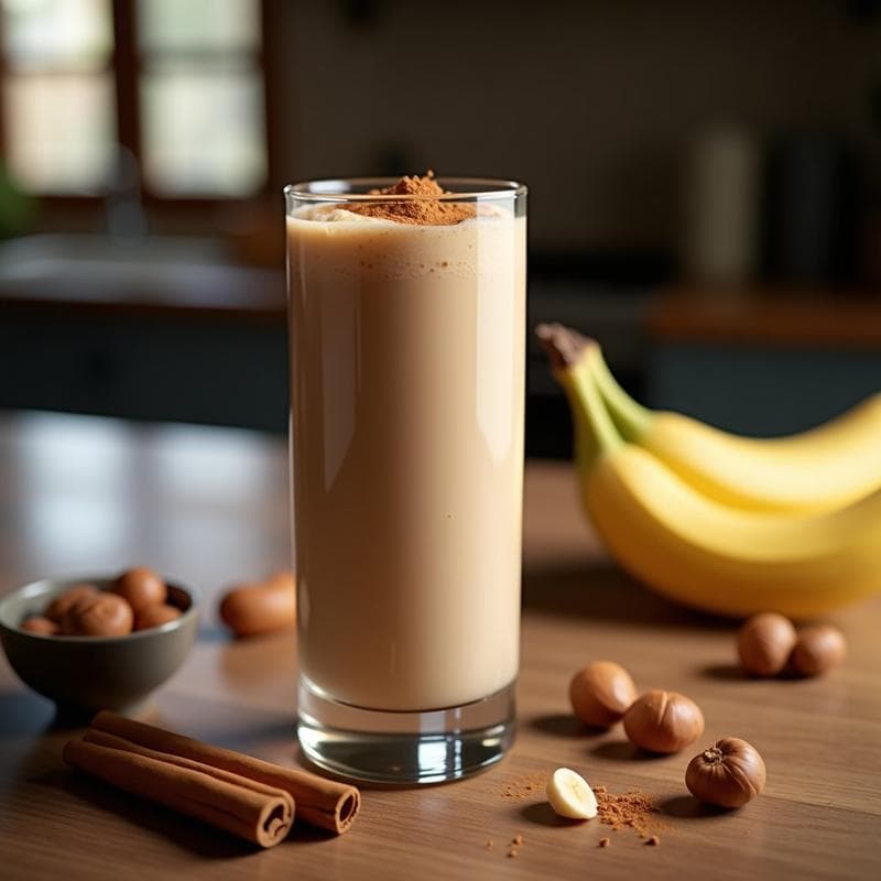 Vaso alto con batido de banana y avellanas con canela, espolvoreado con canela en polvo, sobre una mesa de madera con avellanas y una banana al lado, estilo italiano y energético.