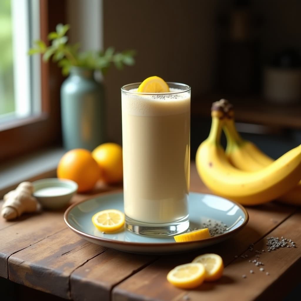 Batido cremoso de color beige claro en vaso alto de cristal, con espuma ligera en la superficie, decorado con semillas de chía y una rodaja de bergamia. Fondo con ingredientes: plátano, leche de soja y jengibre fresco.
