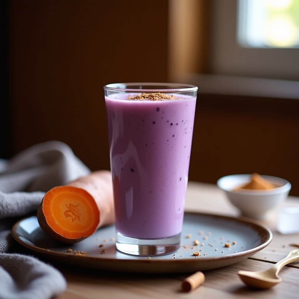 Vaso alto de cristal con batido vegano post-entreno de boniato morado, leche de almendras y cardamomo, decorado con una pizca de especias y una rodaja de limón, sobre fondo oscuro con textura cremosa y color púrpura intenso.