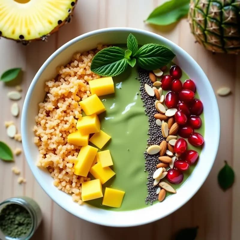 Batido Bowl de Espirulina y Piña en un bol blanco con toppings de mango, granada, coco, almendras y menta. Presentación colorida y tropical, ideal para desayuno detox.