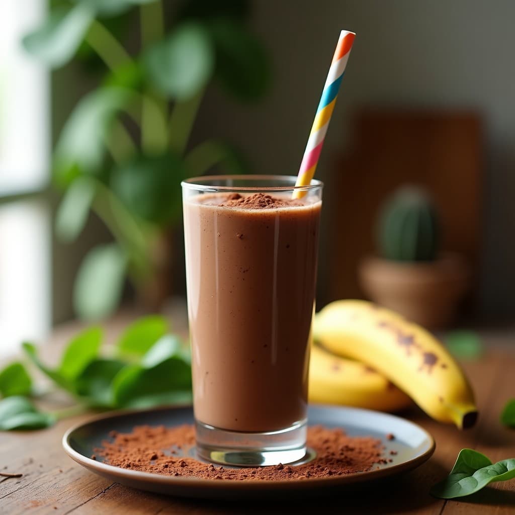 Vaso alto transparente con batido de cacao puro y espinacas de color marrón oscuro y textura cremosa, decorado con un espolvoreado de cacao en polvo y una paja de colores, sobre una mesa de madera con espinacas frescas y un plátano de fondo.