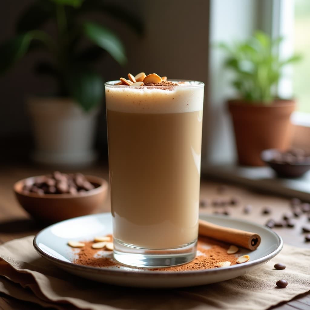 Batido cremoso de café y almendras en vaso alto, decorado con canela y almendras fileteadas, servido sobre fondo de madera rústica con granos de café esparcidos.