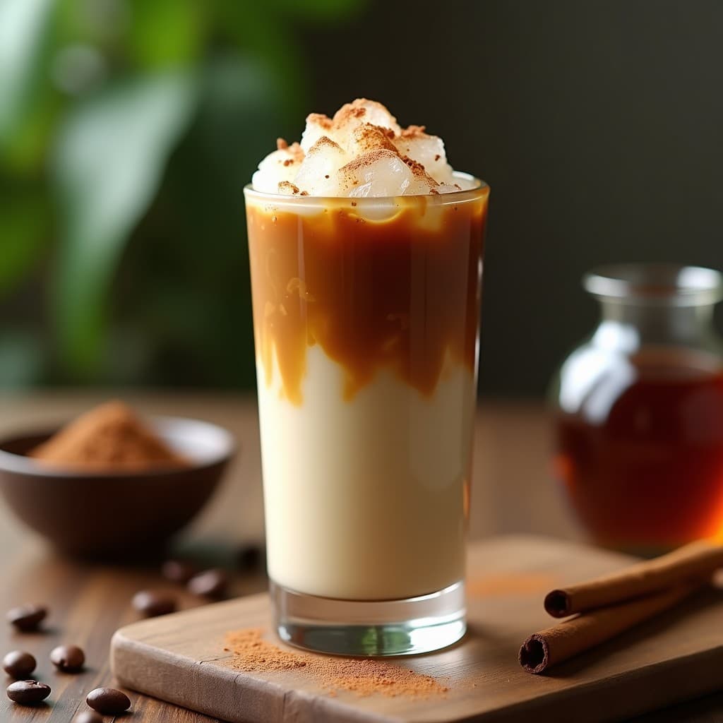 Vaso alto transparente con batido cremoso de café arábica y extracto de vanilla, coronado con hielo de canoa y una pizca de canela en polvo. Fondo rústico con granos de café y semillas de chía esparcidos.