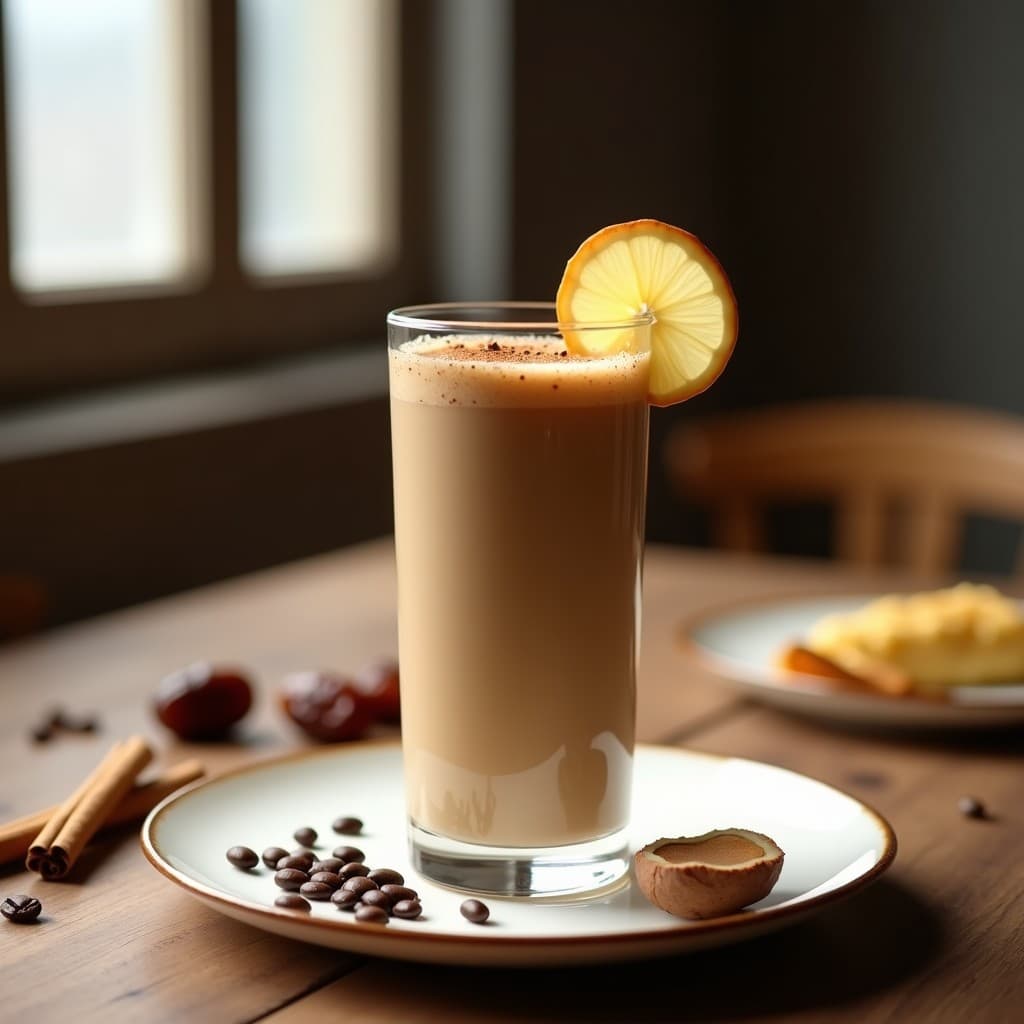 Vaso alto de cristal con batido cremoso de color marrón claro, decorado con canela en polvo y una rodaja de bulbo de loto crudo sobre el borde. Fondo con ingredientes como dátiles, jengibre y granos de café. Receta de batido de café con bulbo de loto y canela.