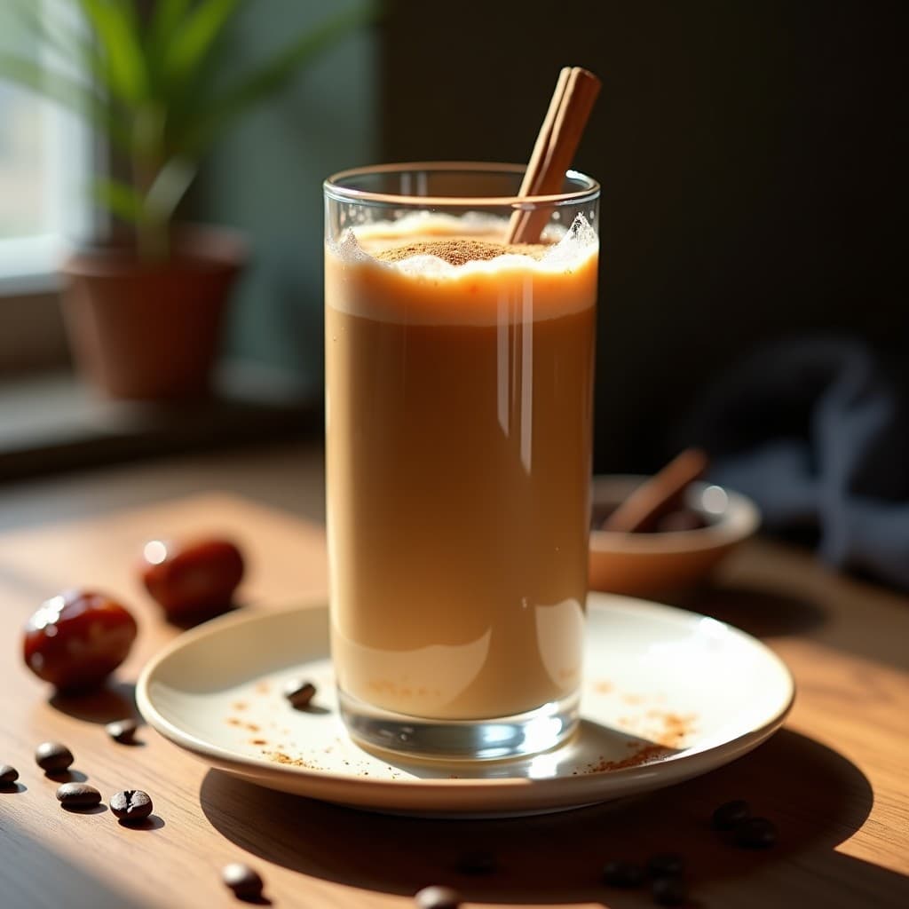 Vaso alto transparente con batido de café y dátiles con leche de avena, espolvoreado con canela, sobre fondo rústico de madera con dátiles y granos de café esparcidos. Bebida energizante sin lácteos, cremosa y fresca.