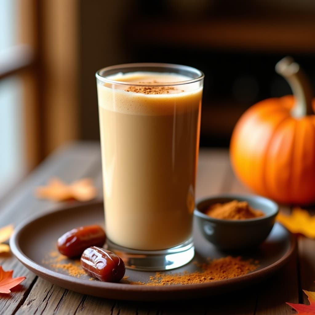Vaso alto transparente con batido de café espumoso, color marrón claro, decorado con especias pumpkin spice en polvo por encima. Fondo con hojas otoñales y dátiles al lado, receta energizante y natural.