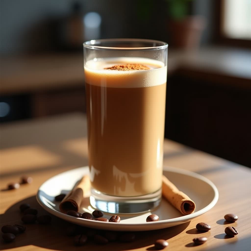 Vaso alto de cristal con batido de café y MCT oil espumoso, coronado con una pizca de canela en polvo, sobre una mesa rústica de madera con granos de café y una rama de canela al lado. Bebida cetogénica energía matutina.