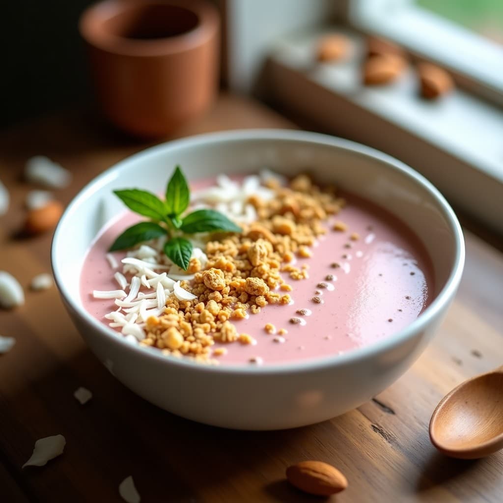 Batido cremoso de color rosado pálido en un bowl de cerámica blanca, coronado con granola dorada, coco rallado y hojas de menta. fondo con textura de madera y luz natural suave, resaltando el desayuno amazónico energizante.
