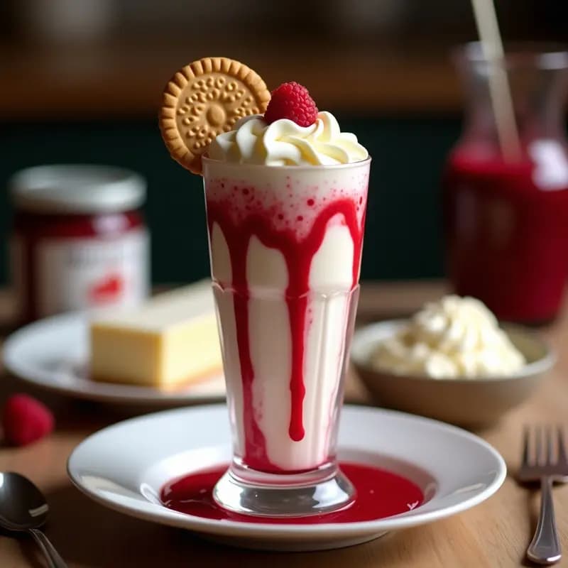 Vaso alto transparente lleno de batido cremoso de color blanco con trozos de galletas Digestive visibles, decorado con espirales de salsa de frambuesa roja y una galleta entera apoyada en el borde. Fondo desenfocado de ingredientes como queso crema, mermelada y helado de vainilla.
