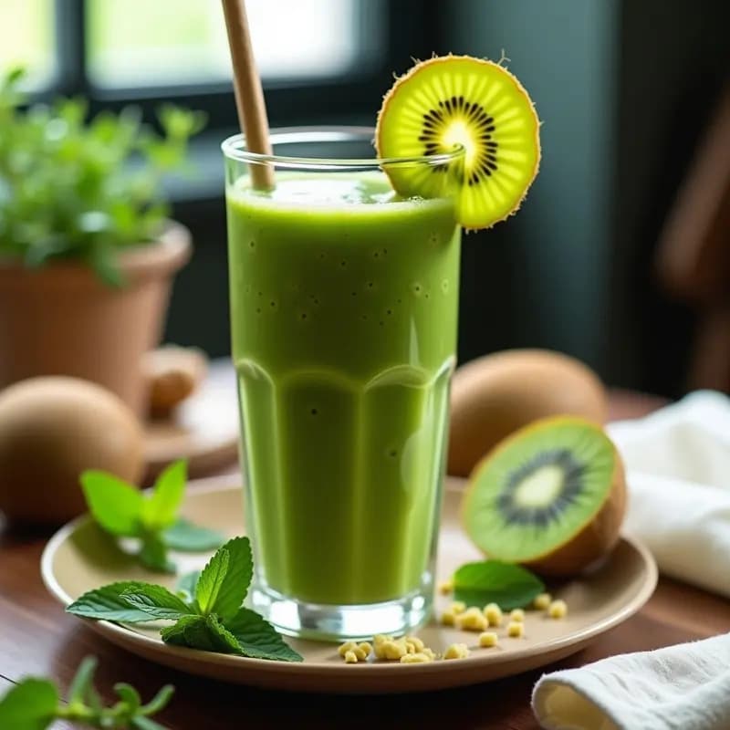 Vaso alto transparente con batido verde esmeralda de alga chlorella y kiwi, coronado con rodajas de kiwi y jengibre rallado, sobre una mesa de madera con hojas de menta y una pajita de papel. Bebida depurativa y energética en Thermomix.
