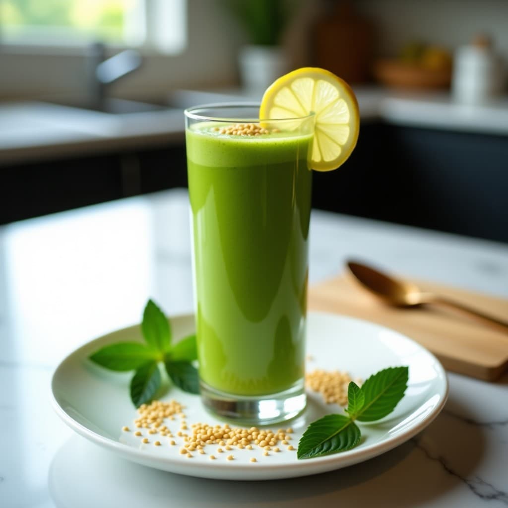 Vaso alto de cristal con batido verde vibrante de alga chlorella, manzana verde y limón, decorado con rodaja de limón y semillas de lino espolvoreadas, sobre fondo blanco con hojas de menta. Bebida desintoxicante fresca y saludable.