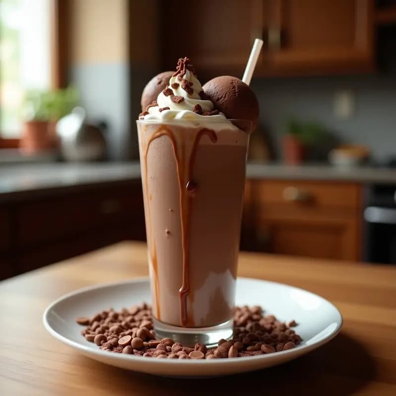 Vaso alto transparente repleto de batido de chocolate espeso, con helado de Nocilla derritiéndose en la superficie, nata montada, sirope de chocolate en espiral y trozos crujientes de barritas Kit Kat trituradas por encima. Fondos borrosos de cocina para resaltar el batido como estrella.