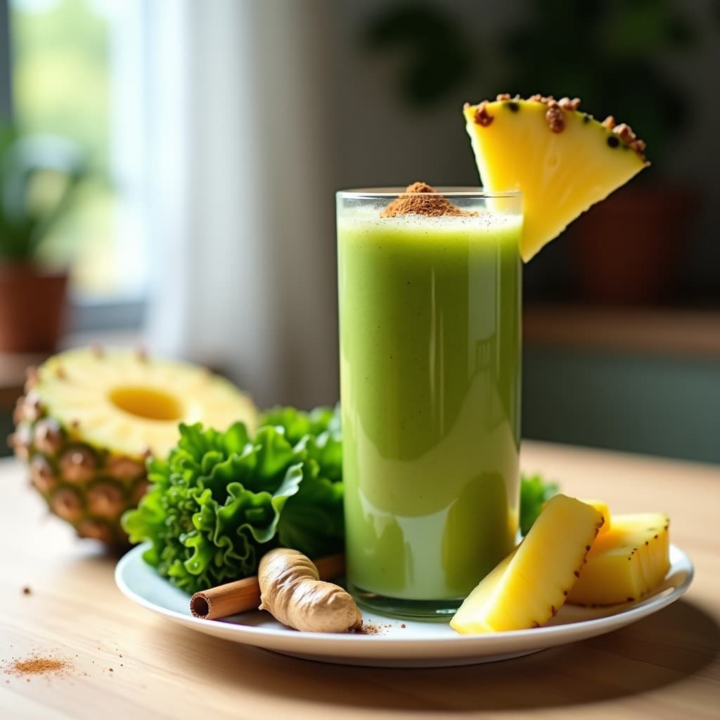 Vaso alto transparente con batido verde vibrante de col rizada, piña y jengibre, decorado con una rodaja de piña y una pizca de canela en polvo sobre la espuma. Fondo claro con hojas de col rizada y trozos de jengibre fresco alrededor.
