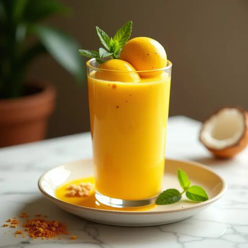 Vaso alto transparente con batido dorado brillante de cúrcuma y leche de oro, coronado por dos bolitas de helado de turméric amarillas relucientes. Fondo blanco con decoración de hojas de menta y virutas de coco tostado. Bebida antiinflamatoria y estética, perfecta para redes sociales.