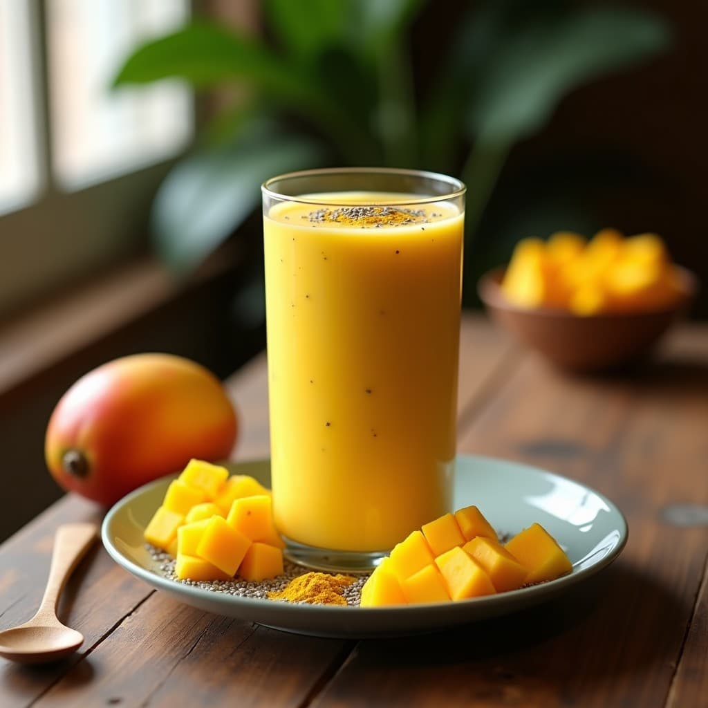 Vaso alto transparente con batido de cúrcuma, mango y leche de camello, de color dorado cremoso, decorado con semillas de chía y una pizca de cúrcuma en polvo. Fondo con trozos de mango fresco y una cuchara de madera.